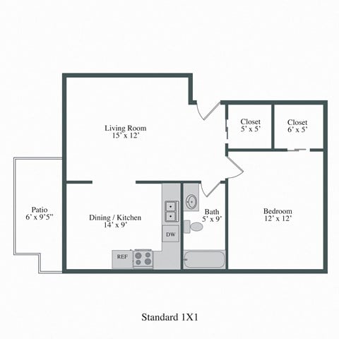 Floor plan for 1 bed, 1 bath, 640 sqft